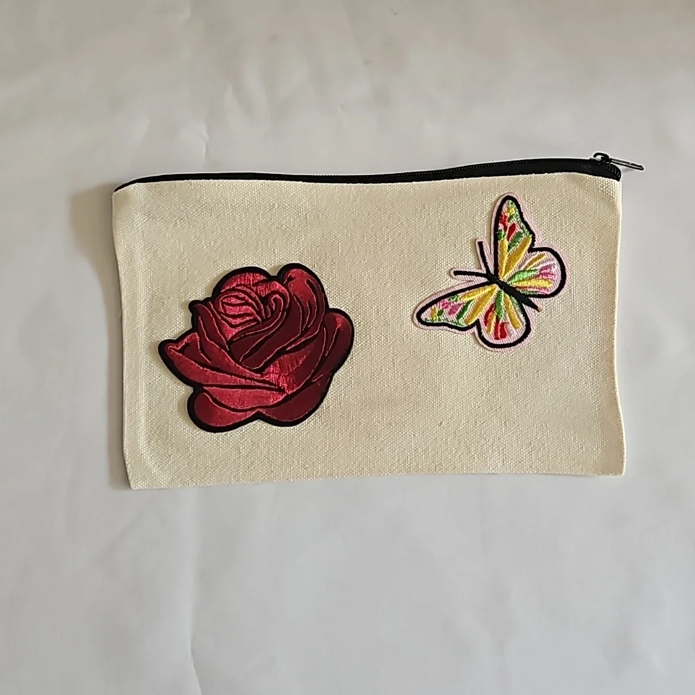 Hand Crafted embroidered bag red skull multicolored butterflies red rose rustic